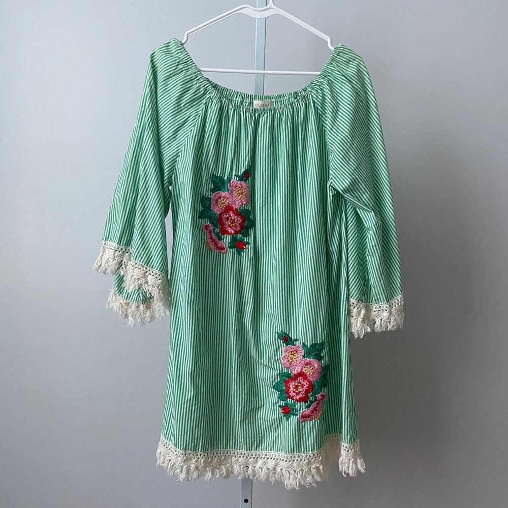 Velzera Cotton Boho Beachy Peasant Embroidered Striped Tunic Dress 1XL Green
